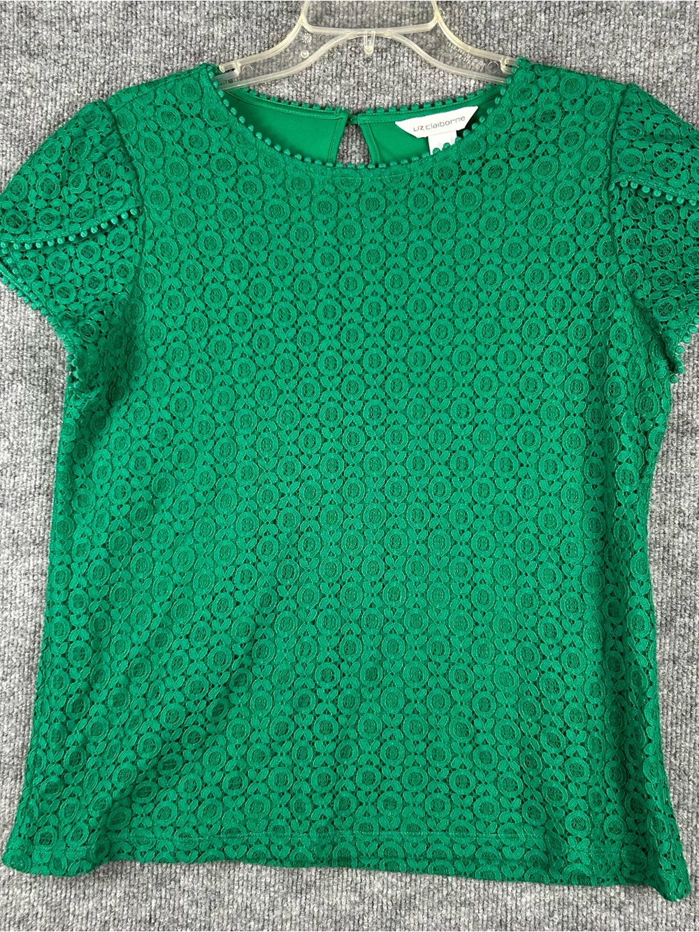 Liz Claiborne Green Crochet Lace Top Cottagecore Pom Pom Trim Blouse